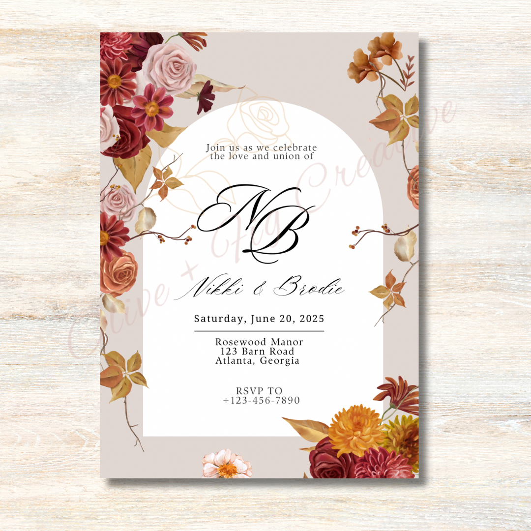 Autumn Romance Wedding Invitation Suite – Warm Florals & Regal Details