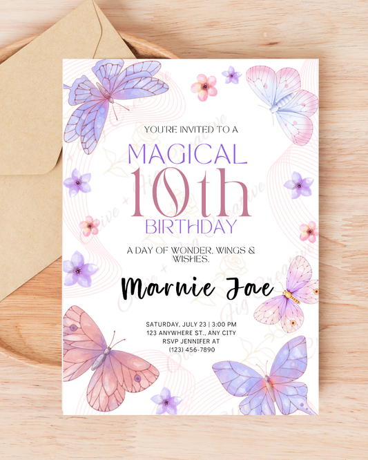 Magical Butterfly 10th Birthday Invitation