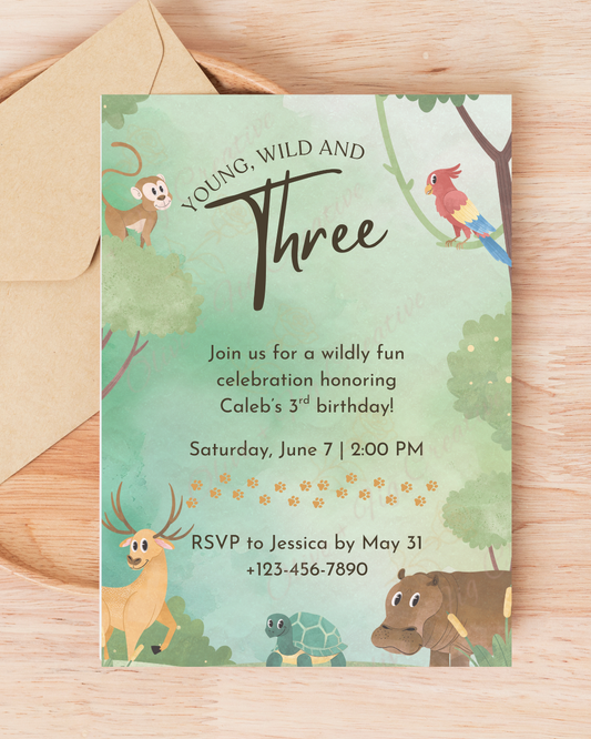 Young, Wild and Three Jungle Birthday Invitation