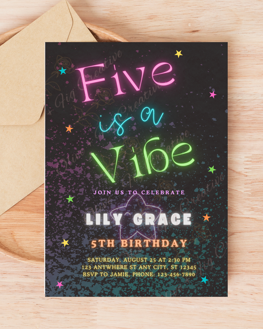 Five Is a Vibe Neon Birthday Invitation
