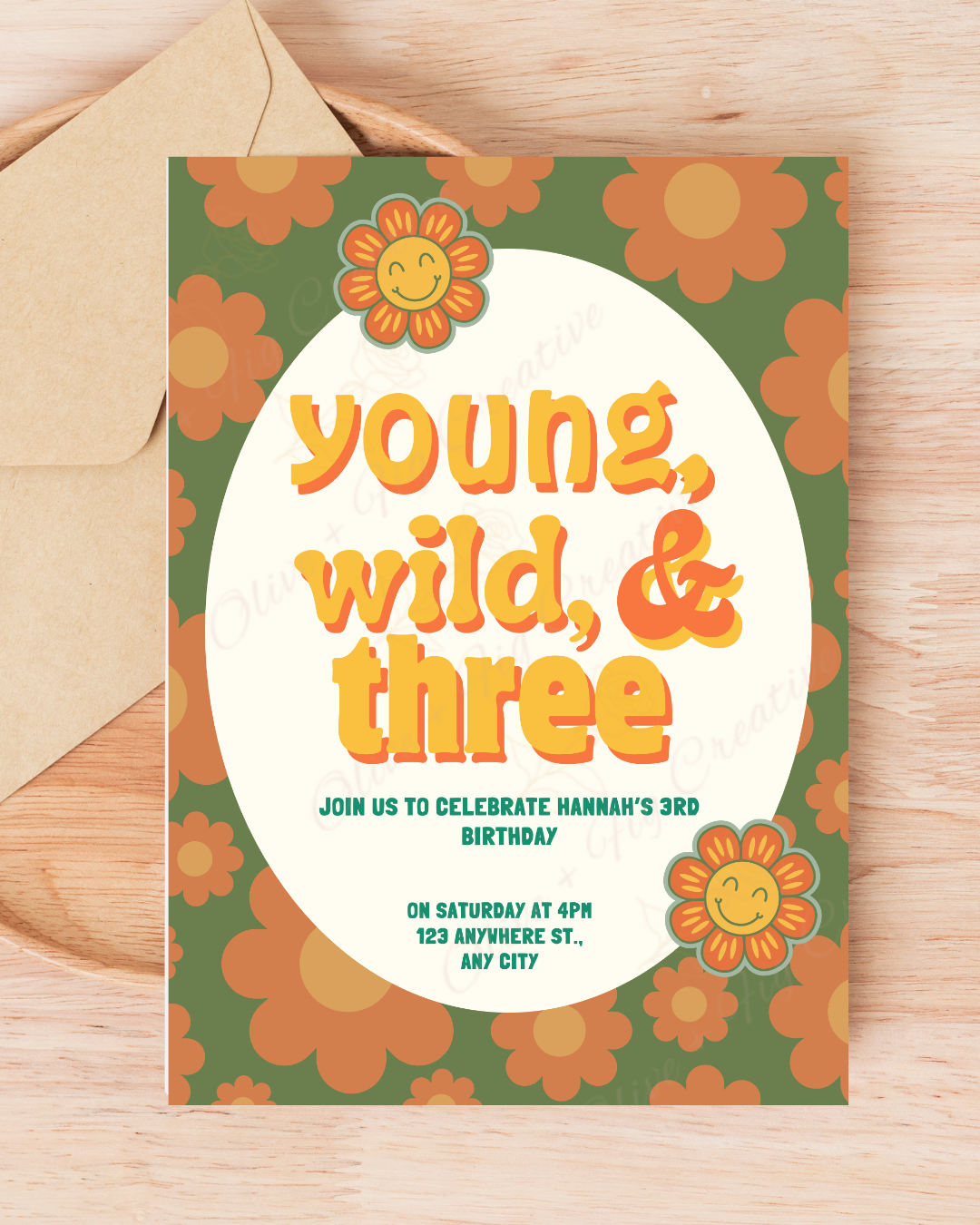 Young, Wild & Three Groovy Birthday Invitation