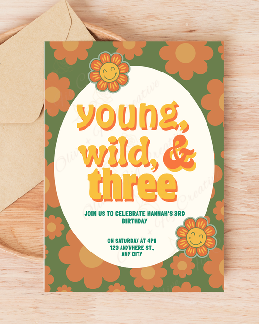 Young, Wild & Three Groovy Birthday Invitation