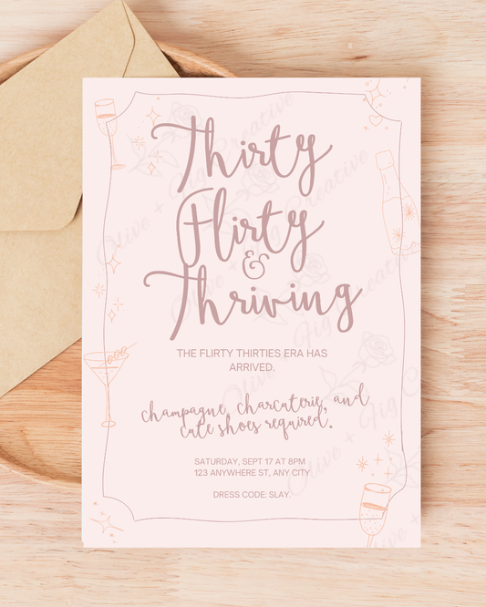 Thirty Flirty & Thriving Birthday Invitation – Pink Champagne Theme